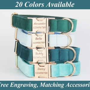 May include: Four dog collars stacked on top of each other. The collars are made of velvet and have gold metal buckles. Each collar has a personalised name tag with a name and phone number. The names on the tags are Alexander, Bella, Buddy, and Daisy. The text "20 Colors Available" is at the top of the image. The text "Free Engraving, Matching Accessories" is at the bottom of the image.
