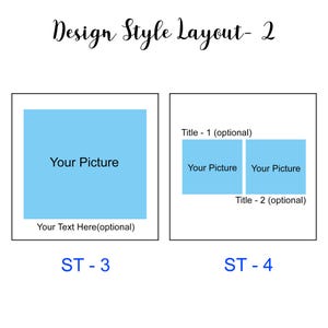 K&ouml;nnte beinhalten: Zwei Design-Layout-Optionen f&uuml;r eine Website oder einen Social-Media-Beitrag. Das erste Layout zeigt ein einzelnes gro&szlig;es Bild mit optionalem Text darunter. Das zweite Layout zeigt zwei kleinere Bilder nebeneinander mit optionalen Titeln dar&uuml;ber und darunter.