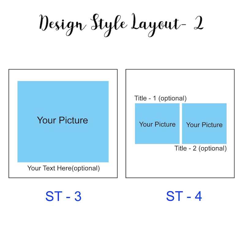 K&ouml;nnte beinhalten: Zwei Design-Layout-Optionen f&uuml;r eine Website oder einen Social-Media-Beitrag. Das erste Layout zeigt ein einzelnes gro&szlig;es Bild mit optionalem Text darunter. Das zweite Layout zeigt zwei kleinere Bilder nebeneinander mit optionalen Titeln dar&uuml;ber und darunter.