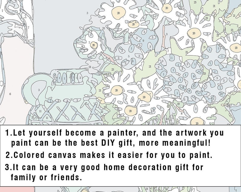 Pode incluir: Uma imagem de pintura por n&uacute;meros de um desenho floral com se&ccedil;&otilde;es numeradas. A imagem &eacute; em preto e branco com um fundo azul claro. O texto abaixo da imagem diz: "1. Deixe-se tornar um pintor, e a obra de arte que voc&ecirc; pintar pode ser o melhor presente DIY, mais significativo! 2. A tela colorida torna mais f&aacute;cil para voc&ecirc; pintar. 3. Pode ser um &oacute;timo presente de decora&ccedil;&atilde;o para casa para a fam&iacute;lia ou amigos."