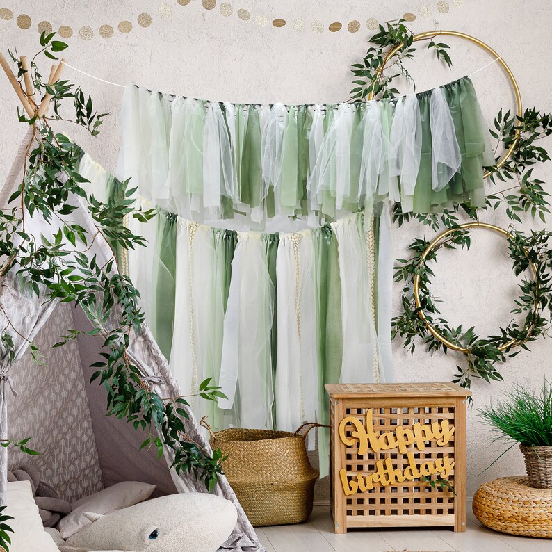 DIY Sage Green White Streamers Fringe Garland DIY Backdrop Kit Etsy