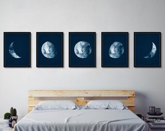 Gallery Wall Set Moon Print Set, Navy Blue Moon phase Wall Art, Set Of 5 Prints, Nature Prints, Landscape Wall Art, Printable Wall Art