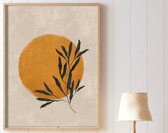 Burnt Orange Prints Printable, Beige Black Prints, Tropical Plant Print, Boho Sun Wall Art, Abstract Botanical Print, Black Leaves Print,