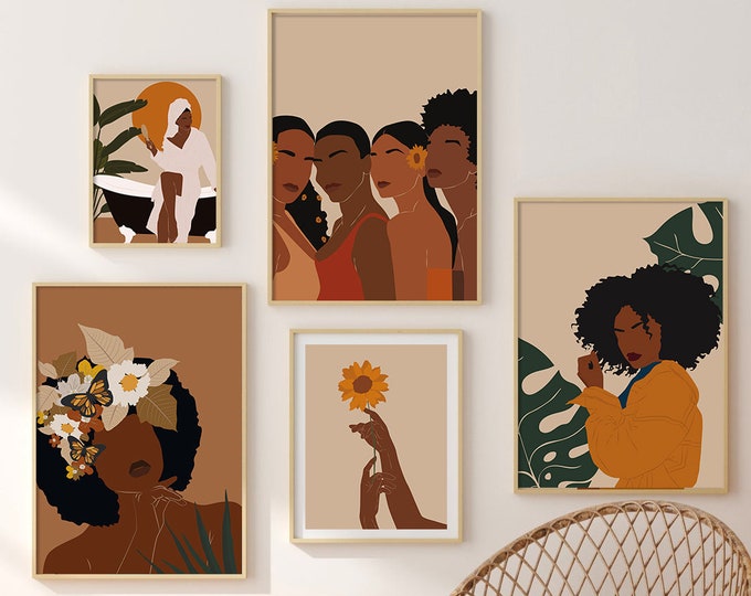 Boho Woman Art Set of 5 Modern Gallery Wall, Black Woman Illustration ...