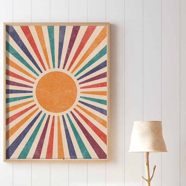 Digital Print Retro Sun Printable Wall Art, Nursery Boho Sunburst Print, Colorful Neutral Wall Art, Mid century art decor