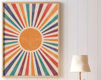 Digital Print Retro Sun Printable Wall Art, Nursery Boho Sunburst Print, Colorful Neutral Wall Art, Mid century art decor