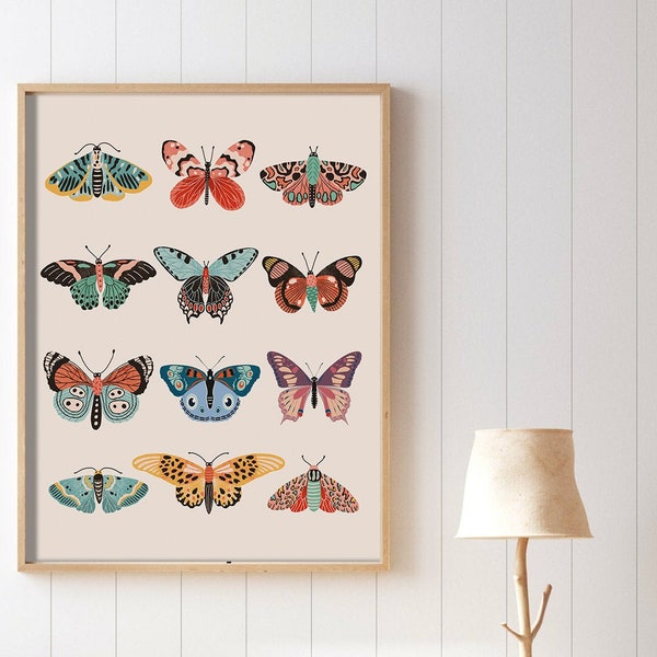 Boho butterflies girls nursery decor printable art, Retro vintage decor gift for women, butterfly wall art digital print