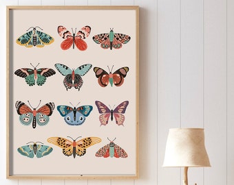 Boho butterflies girls nursery decor printable art, Retro vintage decor gift for women, butterfly wall art digital print