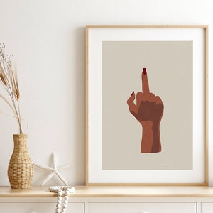 Feminist Middle Finger Wall Art Print, Mid Century Modern Fashion Printable Wall Art, Woman Middle Finger Swearing Prints, Swearing Gift