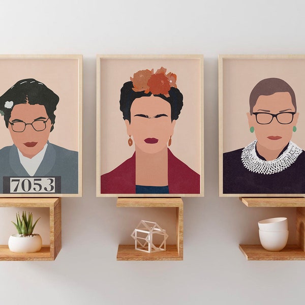 Feminist Wall Decor, Set of Three, Girl power Frida Kahlo, Rosa Parks Print, Ruth Bader Ginsburg Print, Female icon Poster, Inspiring Woman