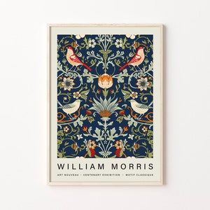 William Morris Exhibition Poster, Art Nouveau, William Morris Print, Flowers and Birds, Fabric Textured Background, Victorian, Home Decor
