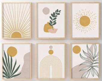 Mid Century Modern Set Of 6 Boho Prints, Digital Gallery Wall Set, Botanical Poster Sun Print, Moon Phases, Abstract Floral Painting