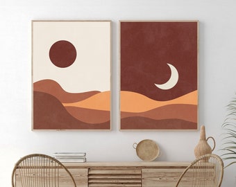 Boho Printable Wall Art, Abstract Sun and Moon, Set of 2 Prints, Mid Century Modern Wall Art, Prints Geometric Art, Minimalist Printable Art