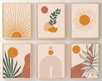 Set of 6 Prints, Gallery Wall Set Abstract Shapes Art, Line Print, Burnt Orange Art, Earth Tone Art, Terracotta Art Boho Set Wall Art Prints