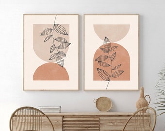 Boho Art Set of 2 Prints, Abstract Gallery Wall, Minimal Botanical Print Bundle