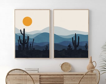 Mountain Wall Art Above Bed Decor, Bedroom Wall Decor Over The Bed, Boho Sun Print Decor Set of 2, Abstract Landscape, Printable Wall Art