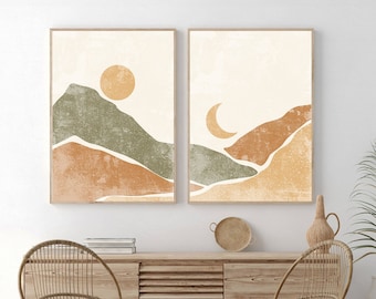 Sun and Moon Boho Wall Art, Abstract Landscape, Set of 2, Mid Century Modern Sun and Moon Print