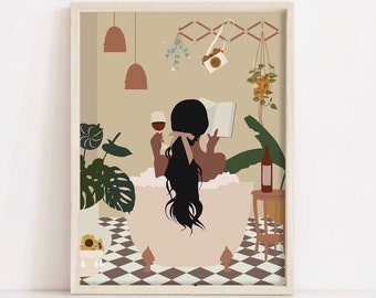 Black Woman Bath Tub, Bathroom Art, Black Woman Art, Black Art, Digital Download, Boho Wall Art, Black Girl Printable Art, African American