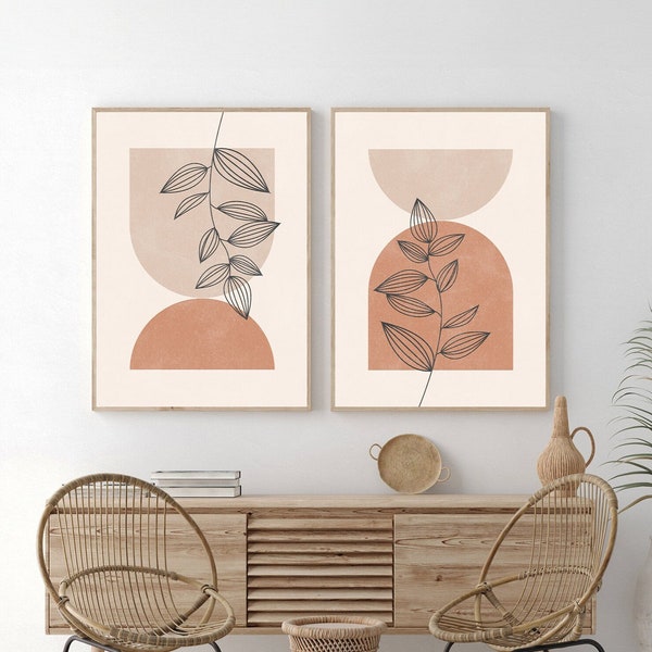 Boho Art Set of 2 Prints, Abstract Gallery Wall, Minimal Botanical Print Bundle