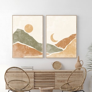 Sun and Moon Boho Wall Art, Abstract Landscape, Set of 2, Mid Century Modern Sun and Moon Print