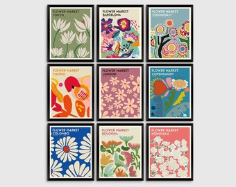 Flower Market Set of 9 Prints, Botanical Poster, Flower Market Wall Set, Botanical Wall Art, Digital Art Print Set, Flower Market Print