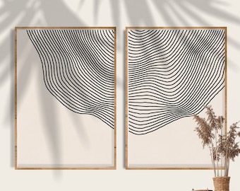 Set of 2 Prints Modern Wall Decor Print Abstract Art, Digital Download Abstract Line Art, Black and Beige Minimalist Art Annual Rings