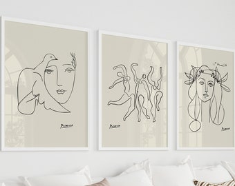 Picasso Print Set Of 3 Posters Modern Wall Art Minimalist Picasso Line Drawing Picasso Sketch Black And Beige Prints Digital Download