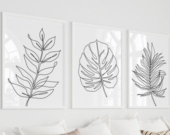 Minimalist Line Drawing Wall Art, Tropical Leaves Print, Plants Wall Decor, Modern Room Decor, Black and White Leaf Monstera Line Art Prints