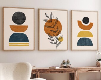 Mid Century Modern Geometric Sun Print Set of 3, Navy Blue, Terracotta & Yellow Digital Abstract Sun Print, Boho Geometric Line Wall Art Set