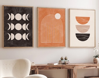 Boho Abstract Wall Art Prints, Boho Wall Decor, Set of 3 Prints, Scandi Art, Mid Century, Black, Beige, Green, Terracotta, Boho Wall Art