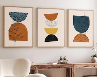 Mid Century Modern Geometric Print Set of 3, Boho Digital Abstract Wall decor, Geometric Wall Art Set, Yellow & Navy Blue Gallery art