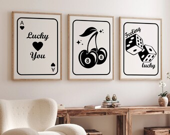 Black Retro Trendy Wall Art Set of 3 Retro Wall Art Apartment Aesthetic Beige Black Y2K Dorm Gallery Wall Lucky You Poster Preppy Room Decor
