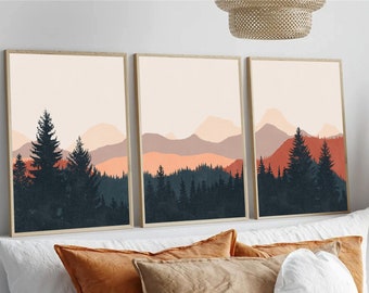 Gallery Wall Set Mountain Wall Art, Minimal 3 Piece Wall Art Landscape Print Set, Modern Home Decor Boho Mountain Print Printable