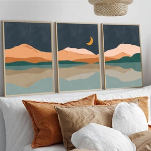 Boho Wall Decor, Night Landscape art, Set of 3 Prints, Printable Wall Art, Boho Home Decor Moon Wall Art Gallery Wall Set Mid Century Modern