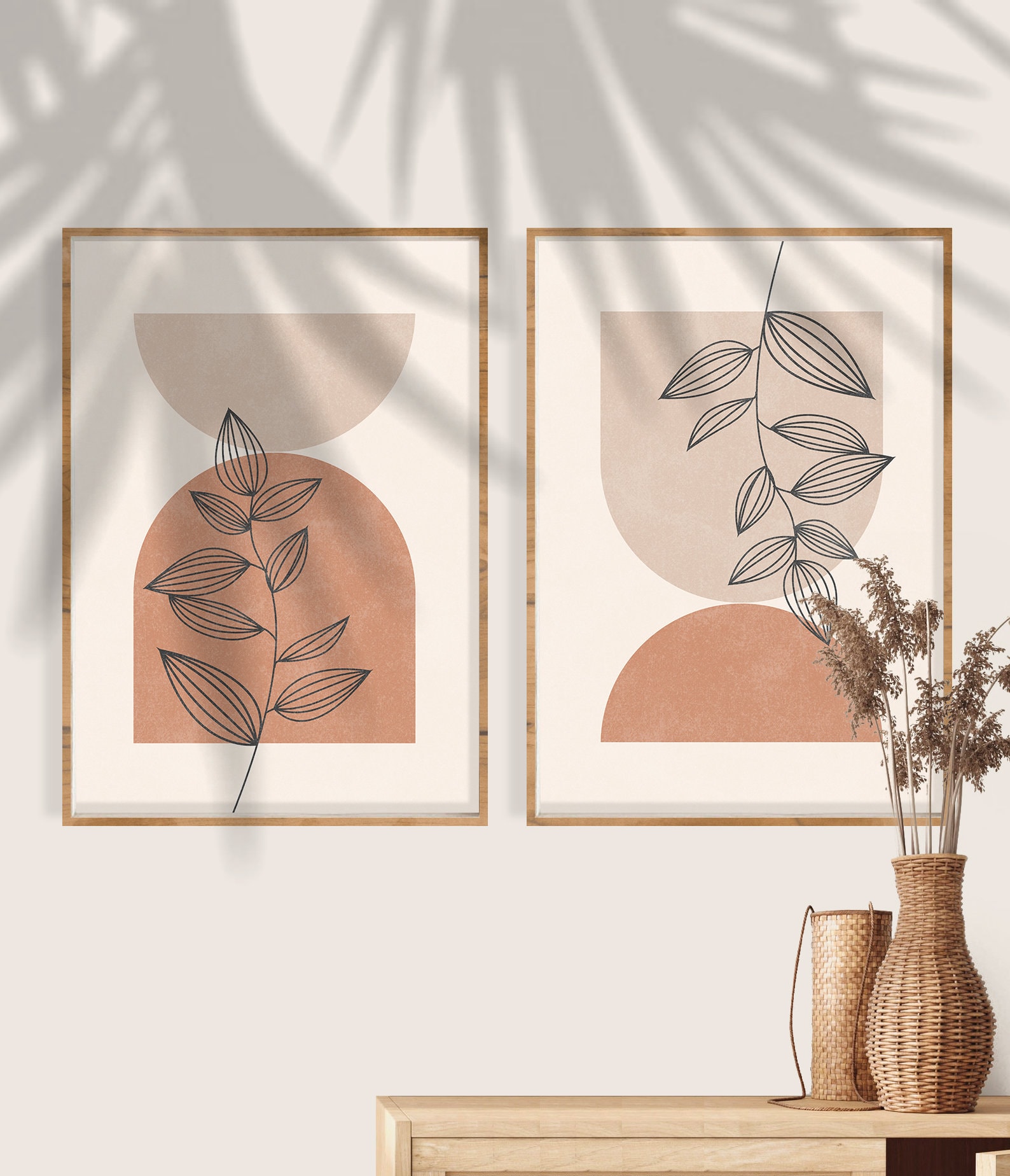 Boho Art Set of 2 Prints, Abstract Gallery Wall, Minimal Botanical ...
