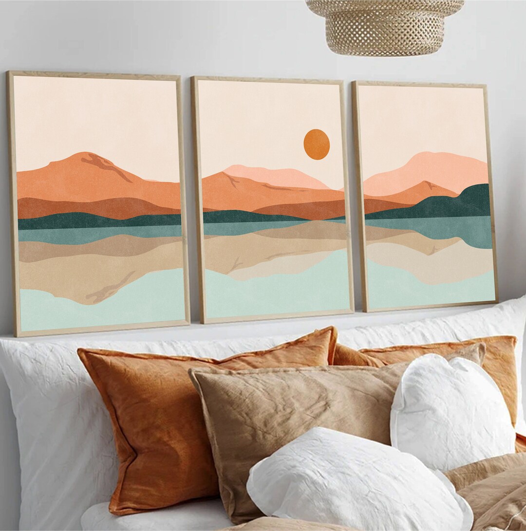 Abstract Mountain Print Set of 3, Mid Century Modern Blue Orange ...