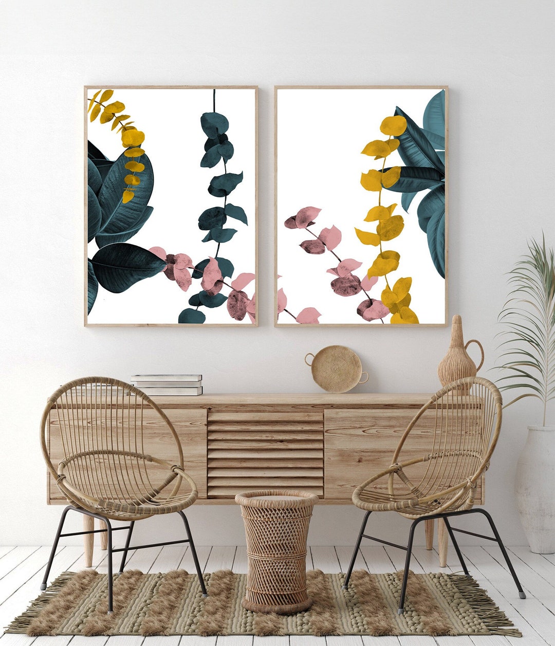 Botanical Mid Century Modern Abstract Print Wall Art Set of 2 ...