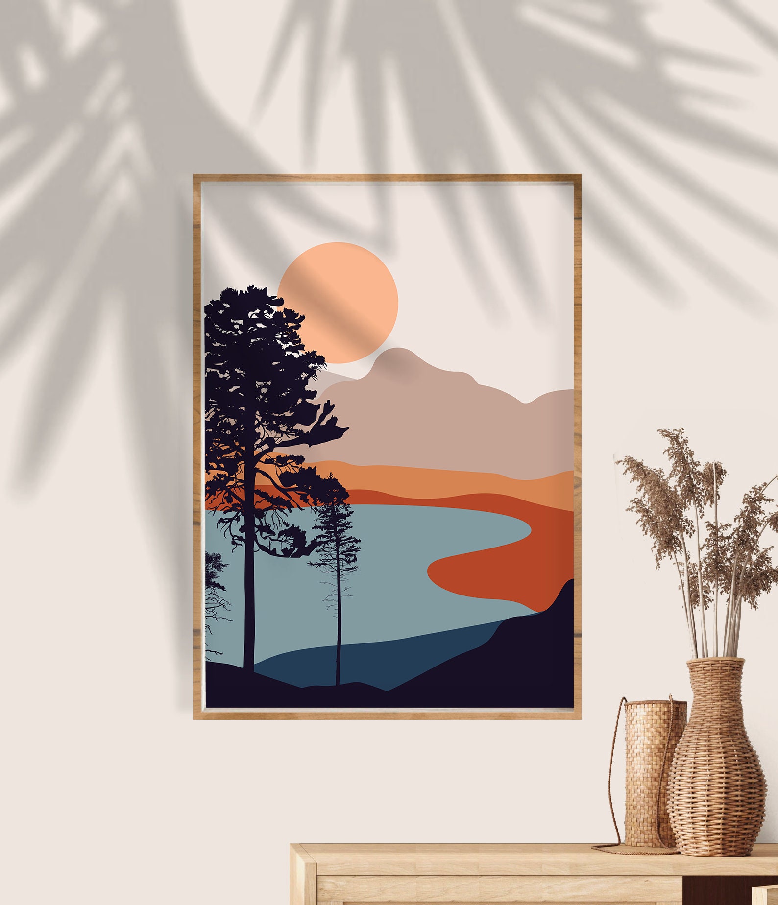 Mid century modern art print set of 2 landscape Sun mountain Etsy