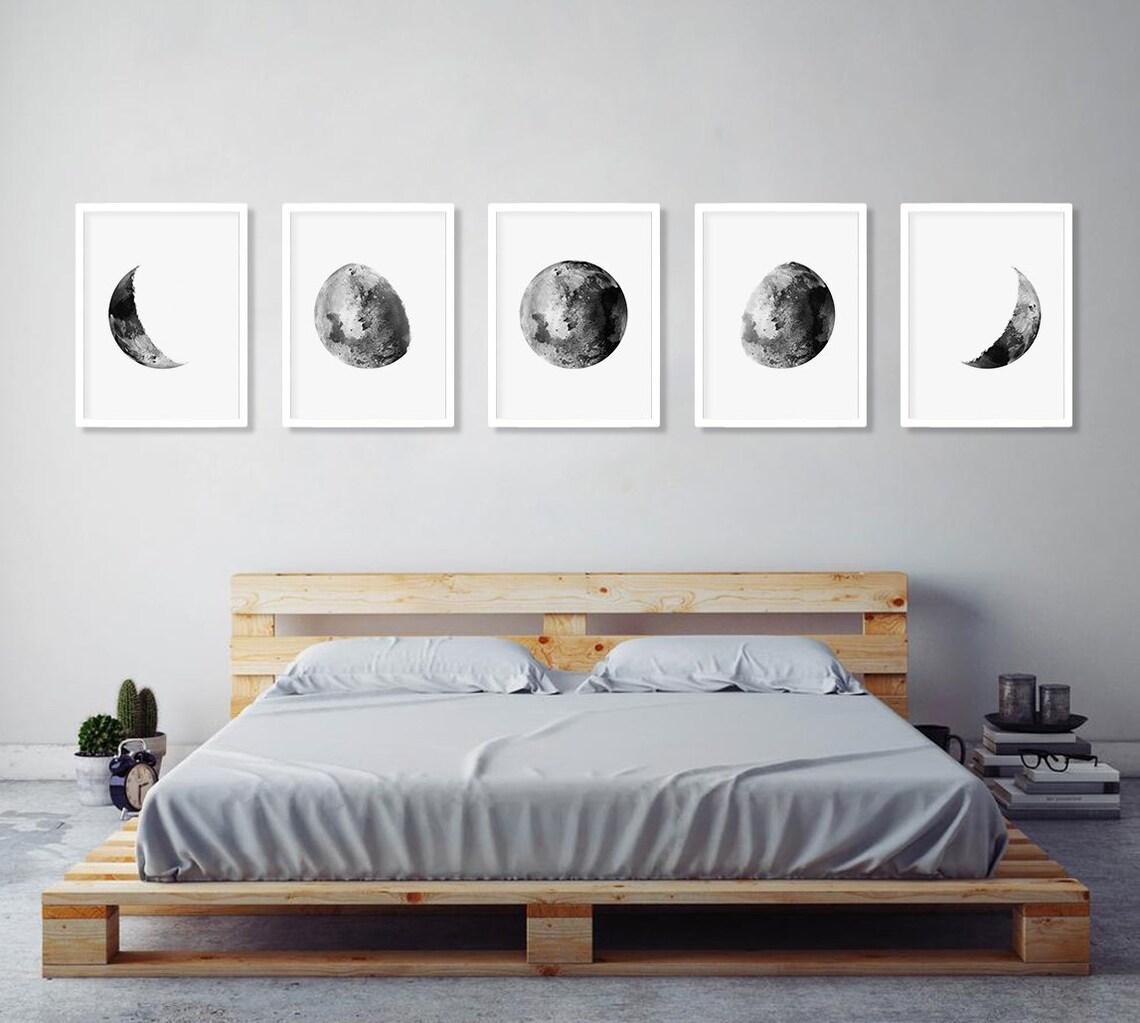 Moon Phases Set of 5 Prints Gallery Wall Set Black and White - Etsy