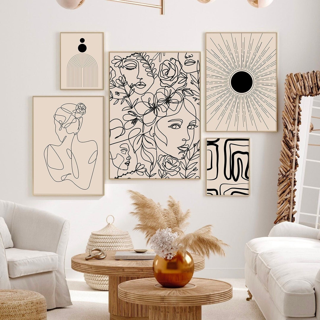Gallery Wall Art Set of 5, Abstract Boho Art Set of 5 Prints, Mid ...