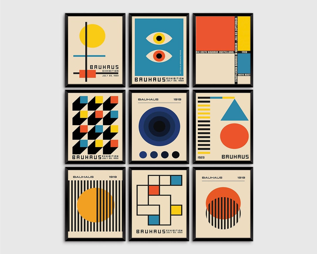 Modern Bauhaus 1919 Wall Art Set of 9 Prints, Bright Colour Poster Set ...