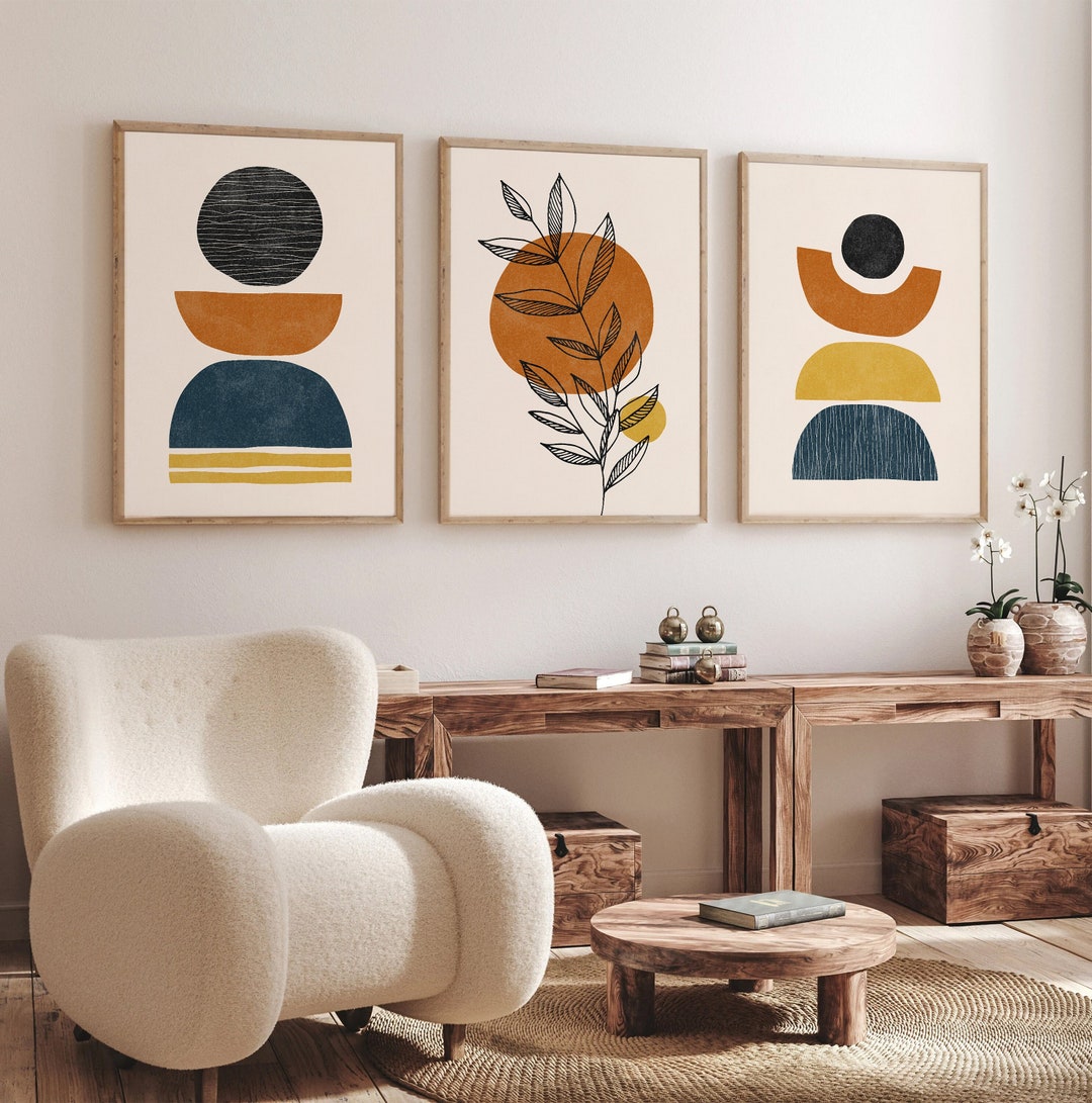 Mid Century Modern Geometric Sun Print Set of 3, Navy Blue, Terracotta ...