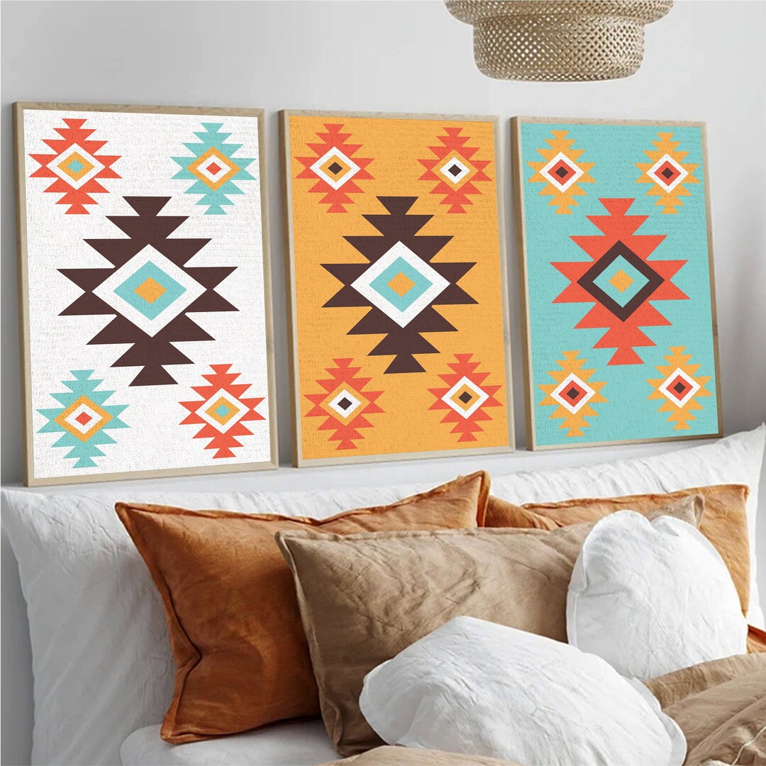 Aztec Mid Aztec Mid Century Modern Wall Art Set of 3, Aztec Style Wall Art Prints ...