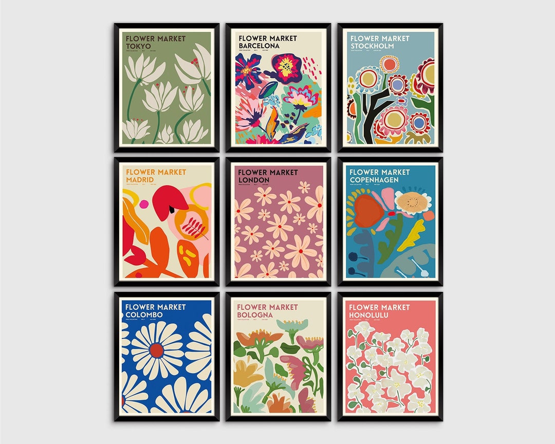 Flower Market Set of 9 Prints, Botanical Poster, Flower Market Wall Set ...