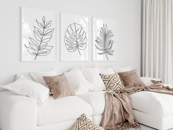 Minimalist Line Drawing Wall Art, Tropical Leaves Print, Plants Wall Decor, Modern Room Decor, Black and White Leaf Monstera Line Art Prints
