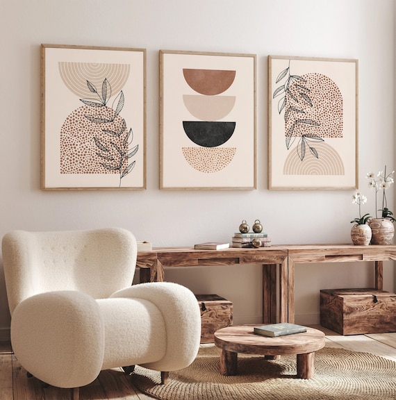 Boho Set of 3 Prints, Mid Century Modern Wall Art, Beige Tones Poster Set, Warm Home Decor, Digital Download, Aesthetic Room Decor