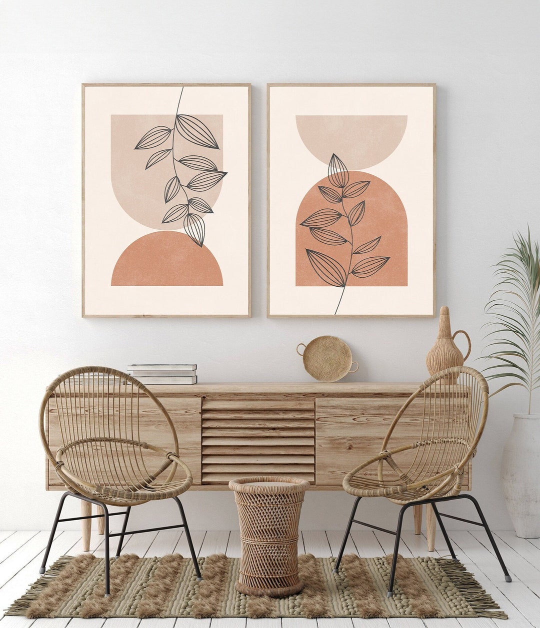Boho Art Set of 2 Prints, Abstract Gallery Wall, Minimal Botanical ...