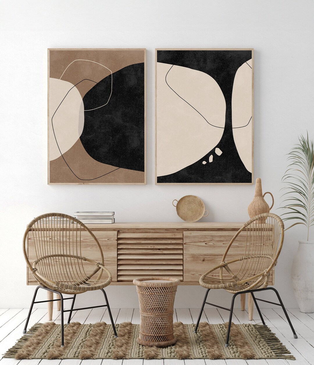 Abstract Boho Printable Art, Black and Beige Geometric Wall Art ...
