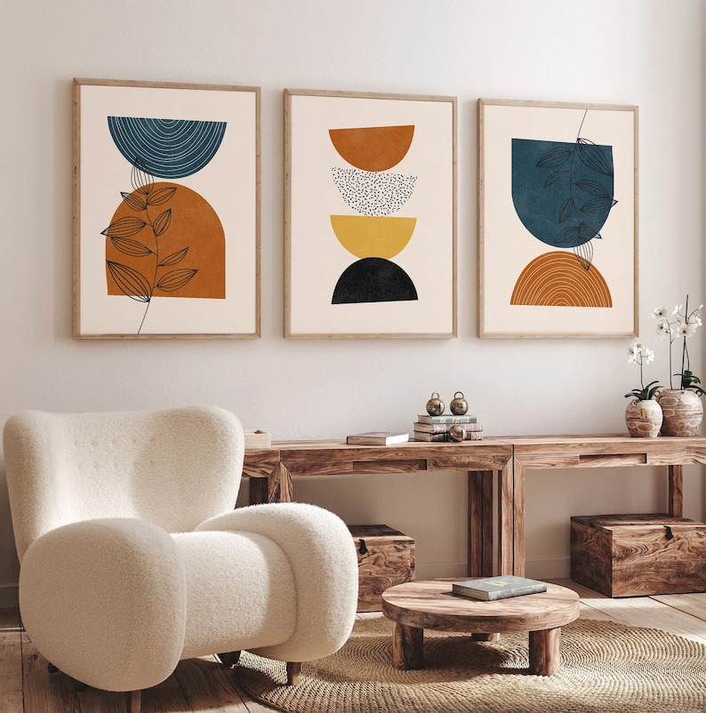Mid Century Modern Geometric Print Set of 3, Boho Digital Abstract Wall ...