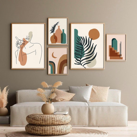 Mid Century Wall Art Set of 5, Abstract Boho Art Set of 5 Prints